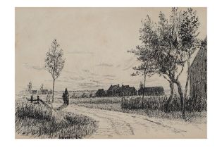 DERMOT O'BRIEN, P.R.H.A (Irl 1865 - 1945) "Riding into sunset near Antwerp", pen & ink, ca 5 x 7.
