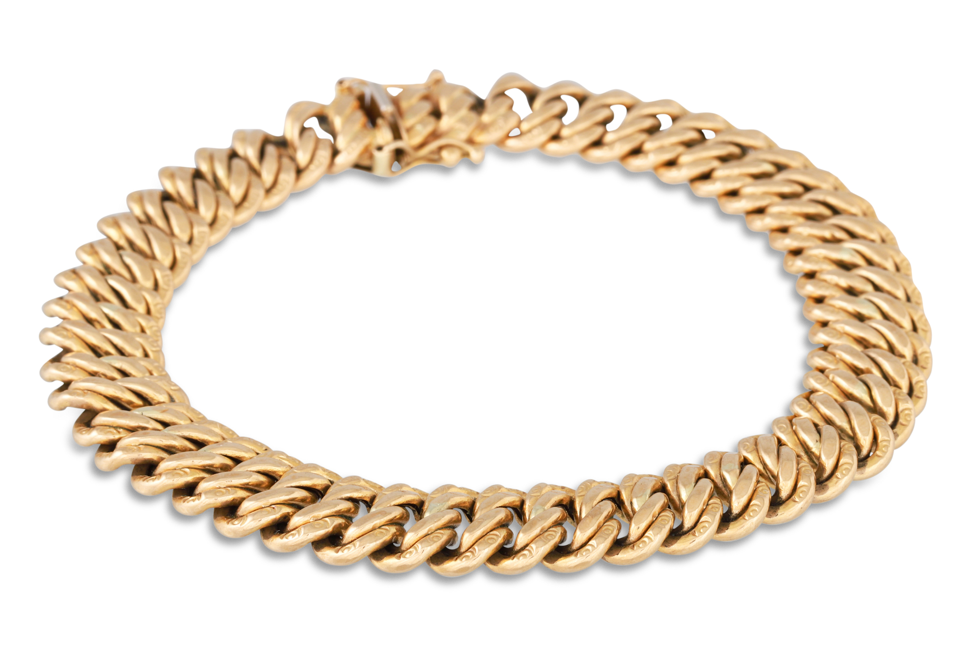 A 9CT GOLD FLEXIBLE LINK BRACELET, 19.3 g.