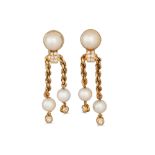 A PAIR OF BOUCHERON PEARL AND DIAMOND DROP EARRINGS, the pearl and diamond studs suspending pearls