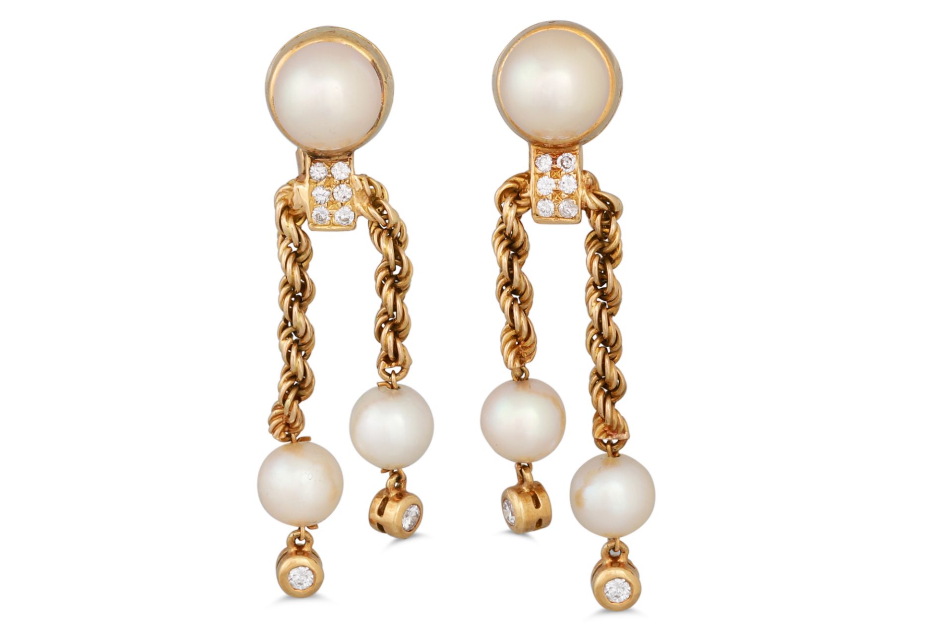 A PAIR OF BOUCHERON PEARL AND DIAMOND DROP EARRINGS, the pearl and diamond studs suspending pearls