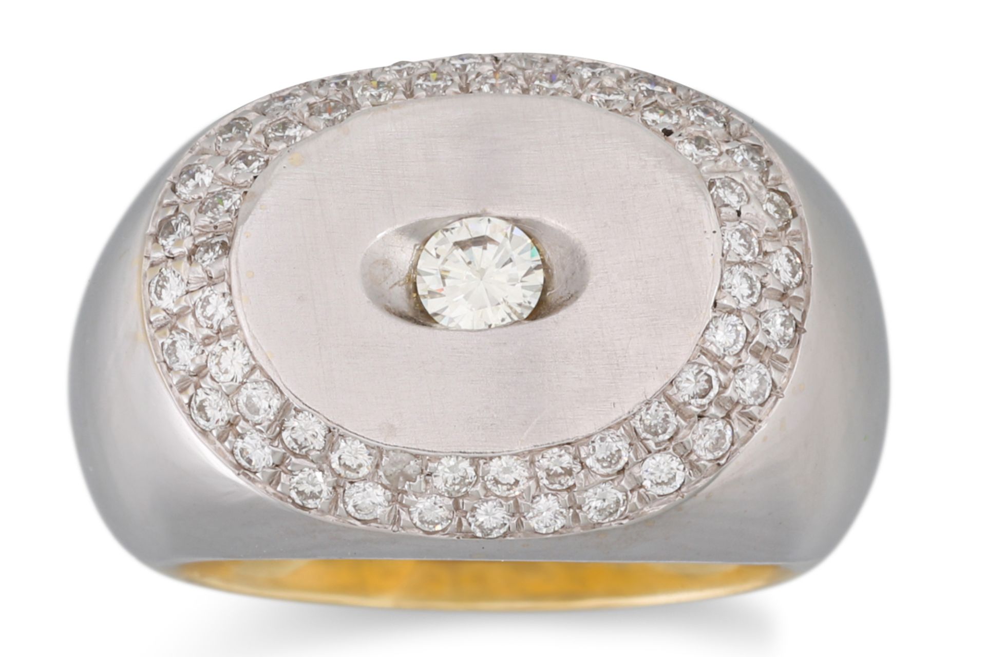 A DIAMOND RING, of bombé form, the central brilliant cut diamond set in brushe white gold, to a - Image 2 of 2