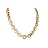 A 9CT GOLD FANCY LINK NECKLACE, circular links, 75.5 g.