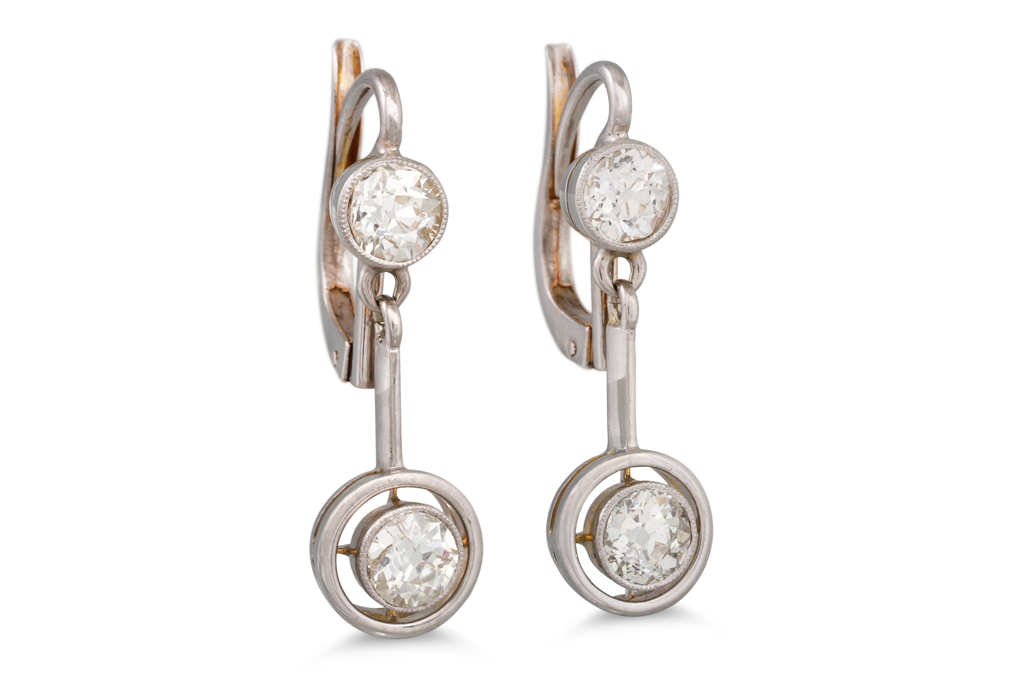 A PAIR OF EARLY 20TH CENTURY DIAMOND DROP EARRINGS, comprising old cut diamond drops suspended