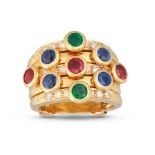 A MULTI-GEM SET RING, by Adler, comprising five bands set with diamond, ruby, emerald and