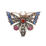 A VINTAGE DIAMOND, SAPPHIRE, RUBY AND SEED PEARL BUTTERFLY BROOCH, set with old cut diamonds,
