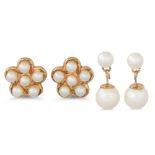 TWO PAIRS OF PEARL EARRINGS, one cluster and one of drop form