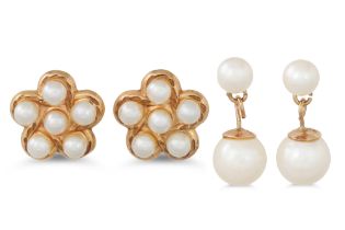 TWO PAIRS OF PEARL EARRINGS, one cluster and one of drop form