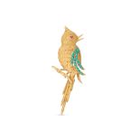 A VINTAGE 18CT GOLD NOVELTY BROOCH, modelled as a parakeet, set with turquoise and ruby, textured
