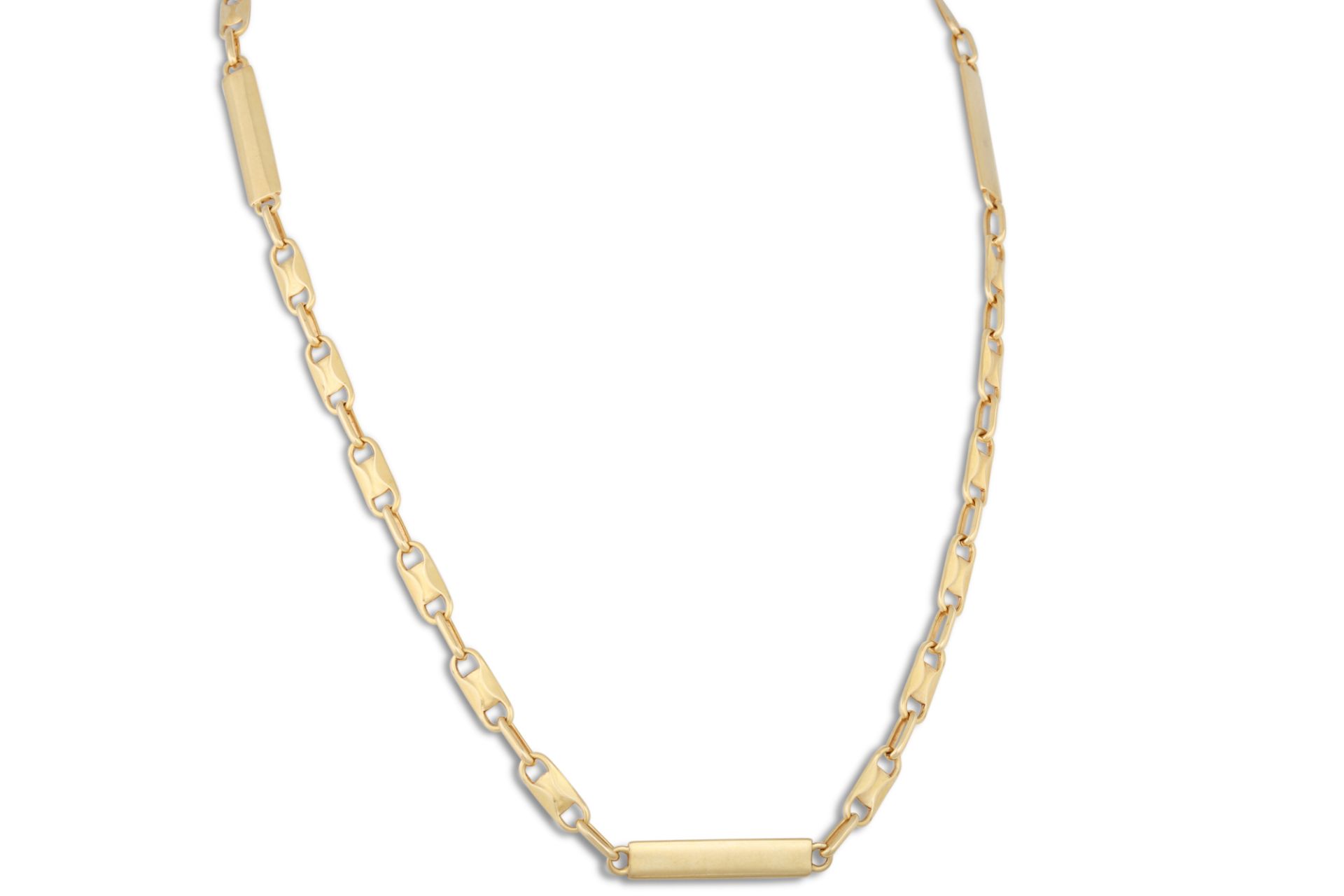 A 9CT YELLOW GOLD FANCY LINK NECKLACE, lobster clasp, 26.7 g.