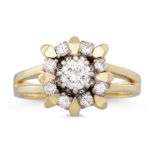 A VINTAGE DIAMOND CLUSTER RING, the round brilliant cut diamonds mounted in 14ct yellow gold.