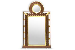 AN ANTIQUE 19TH CENTURY OVER MANTLE SHAPED RECTANGULAR MIRROR, with mahogany and gilt buttons
