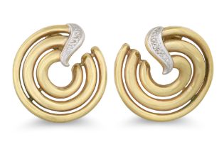 A PAIR OF DIAMOND SET EARRINGS, of circular form, mounted in gold. 5.8 g.