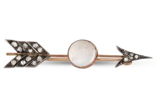 AN ANTIQUE MOONSTONE AND ROSE CUT DIAMOND BROOCH, in the form of an arrow