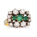 A VINTAGE EMERALD AND DIAMOND CLUSTER RING, the three central emeralds to a diamond surround,