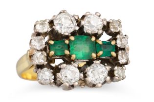 A VINTAGE EMERALD AND DIAMOND CLUSTER RING, the three central emeralds to a diamond surround,