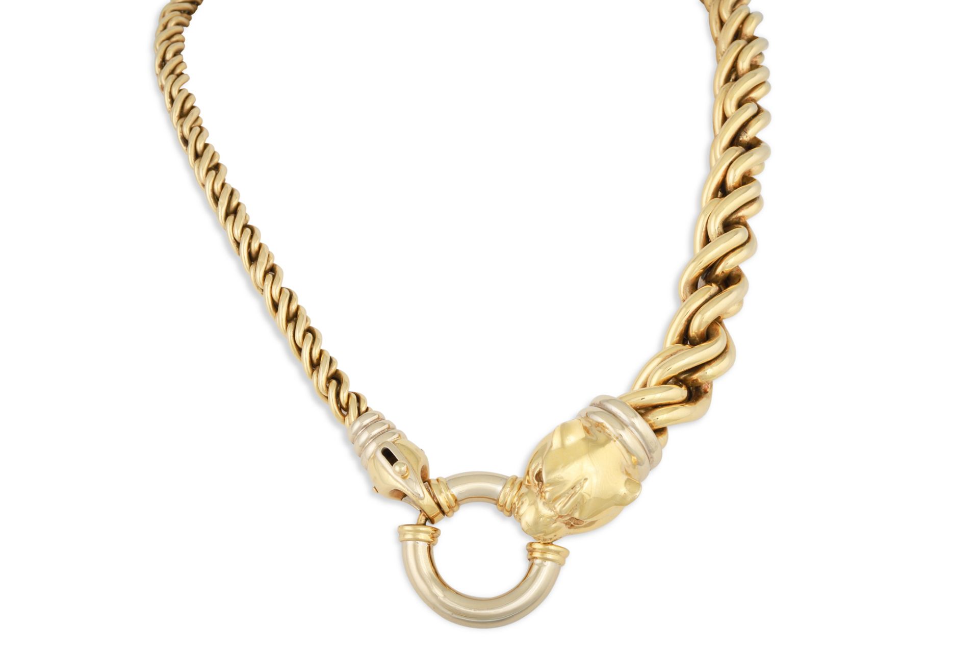 AN 18CT GOLD ITALIAN NECKLACE, the rope link chain terminating in a panther's head, 101 g.