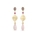 A PAIR OF PINK CHALCEDONY, RUBY AND MOTHER OF PEARL DROP EARRINGS, gold mounted