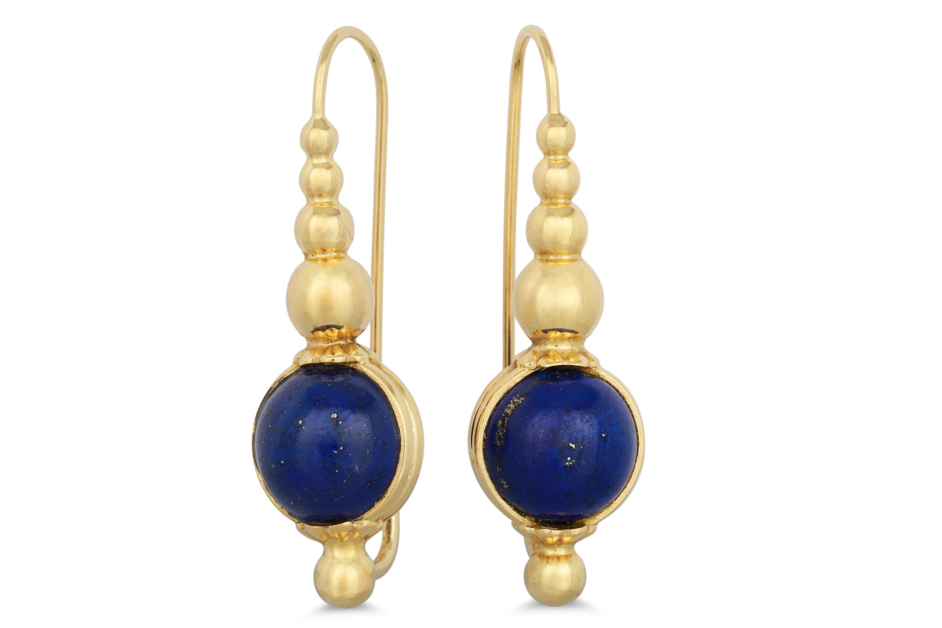 A PAIR OF LAPIS LAZULI DROP EARRINGS, 18ct gold fittings, 9.1 g.