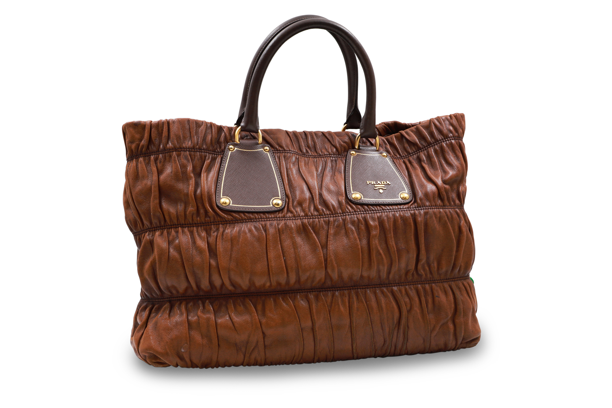 A LADY'S PRADA HANDBAG, brown leather, with dust bag & card