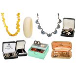 A COLLECTION OF COSTUME JEWELLERY, to include a fancy link bracelet, resin necklace, a stone set