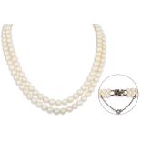 A SET OF VINTAGE DOUBLE STRANDED CULTURED PEARLS, to a 14ct gold clasp set with pearl, ruby and