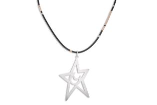 A MODERN STAR & CRESCENT PENDANT, mounted in 18ct white gold, on a black cord necklace to 18ct