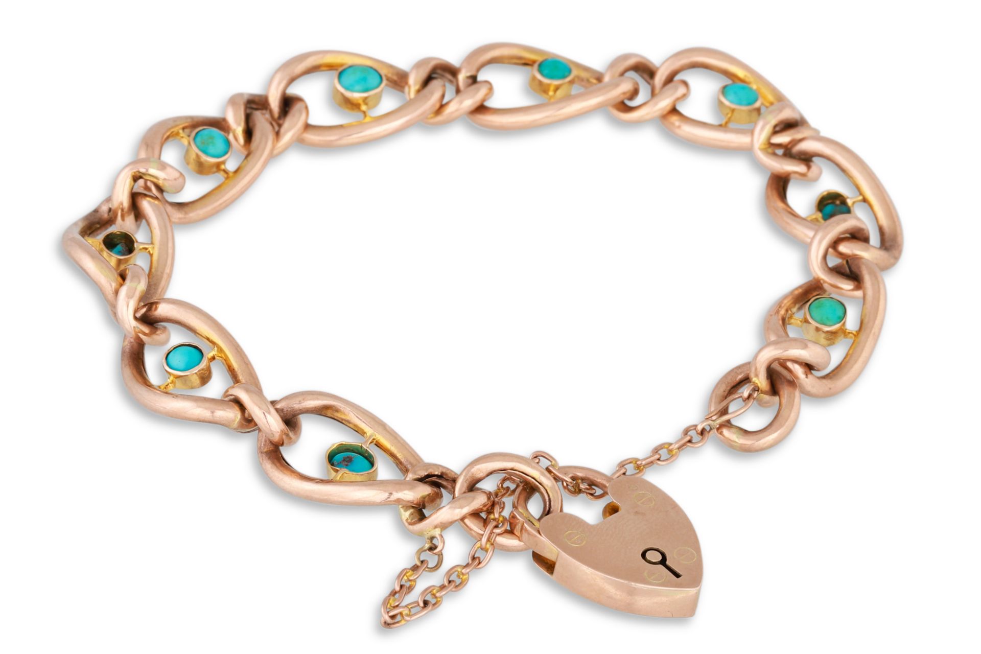 AN EARLY 20TH CENTURY CURB LINK BRACELET, each link set with a turquoise, padlock clasp and safety