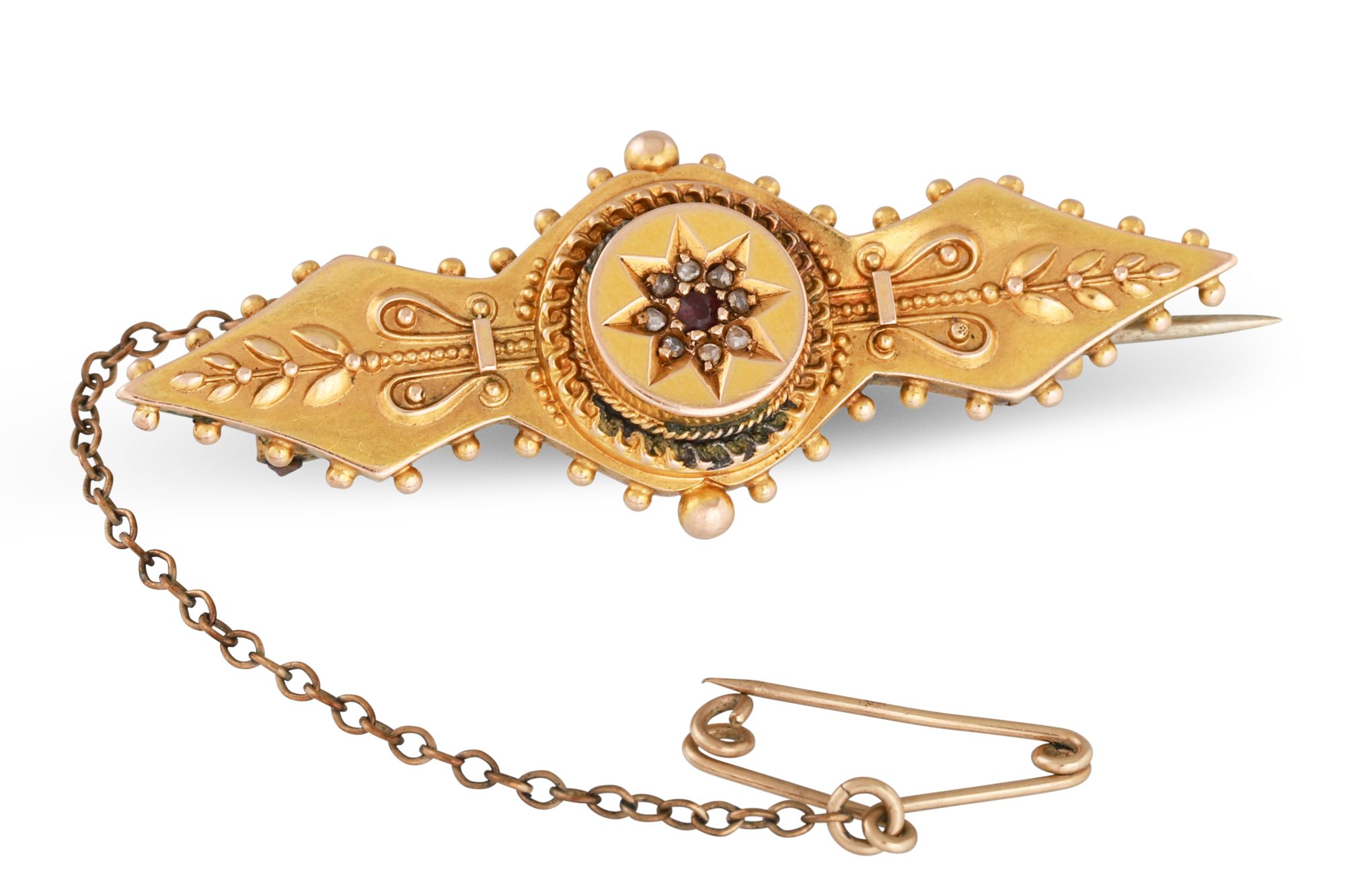 AN ANTIQUE 15CT GOLD STONE SET BROOCH, 3.3 g.