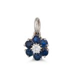 A SAPPHIRE AND DIAMOND PENDANT, mounted in 18ct white gold, together with a pair of matching