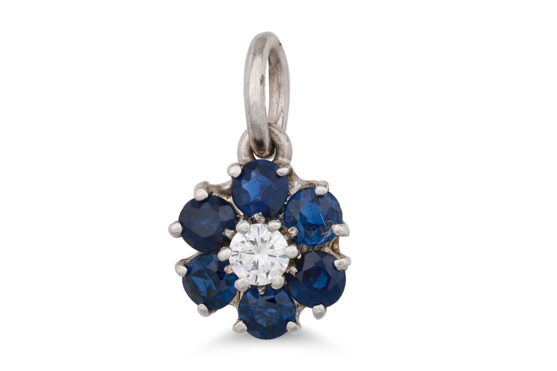 A SAPPHIRE AND DIAMOND PENDANT, mounted in 18ct white gold, together with a pair of matching