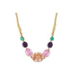 A MULTI GEM-SET NECKLACE, the stones set in 18ct gold, to a cord necklace