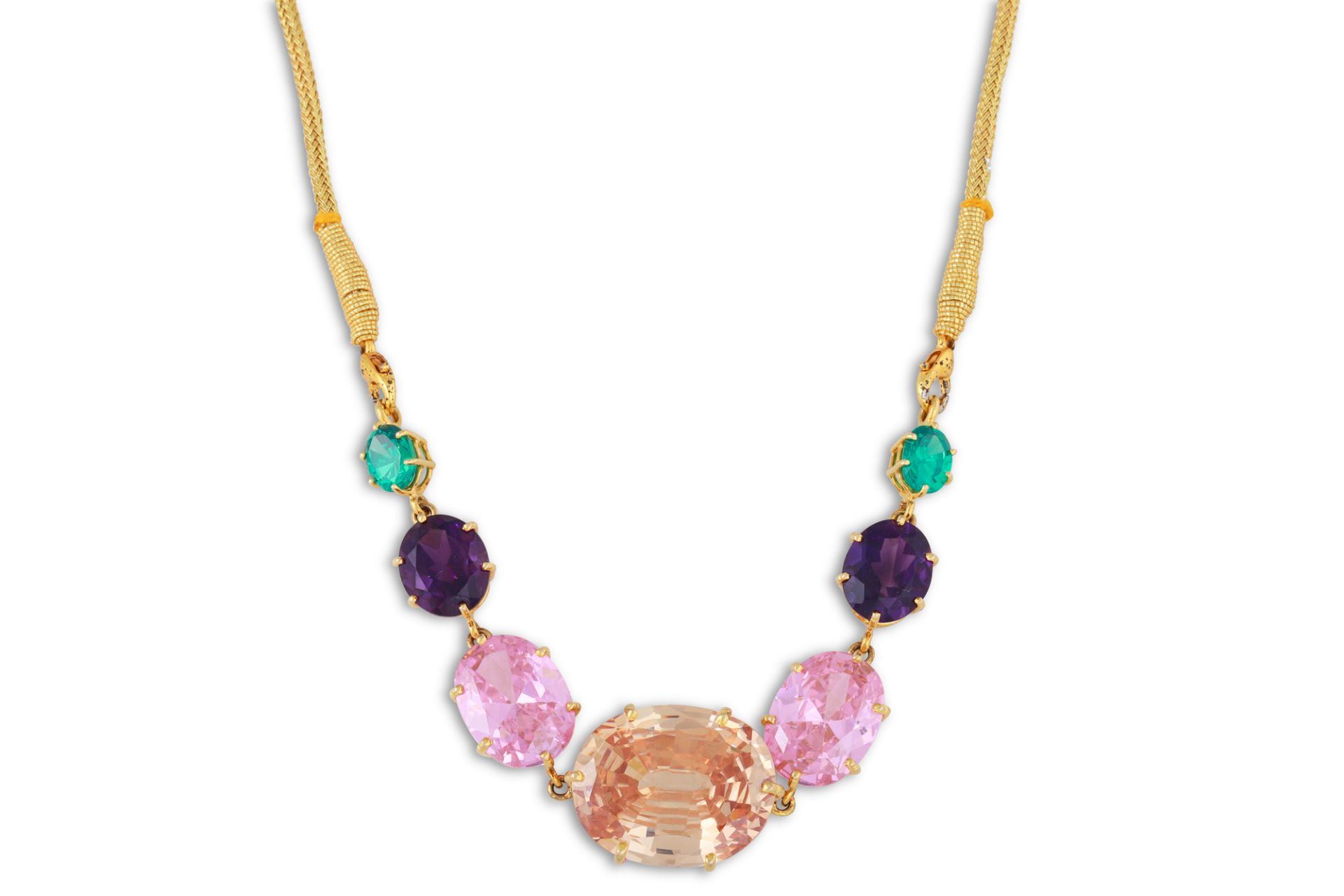 A MULTI GEM-SET NECKLACE, the stones set in 18ct gold, to a cord necklace