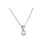A DIAMOND AND CULTURED PEARL SET PENDANT, mounted in 9ct white gold, on a chain
