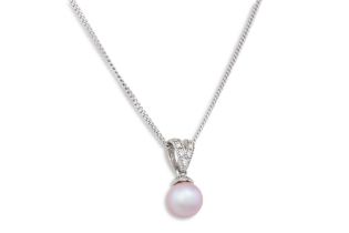 A DIAMOND AND CULTURED PEARL SET PENDANT, mounted in 9ct white gold, on a chain