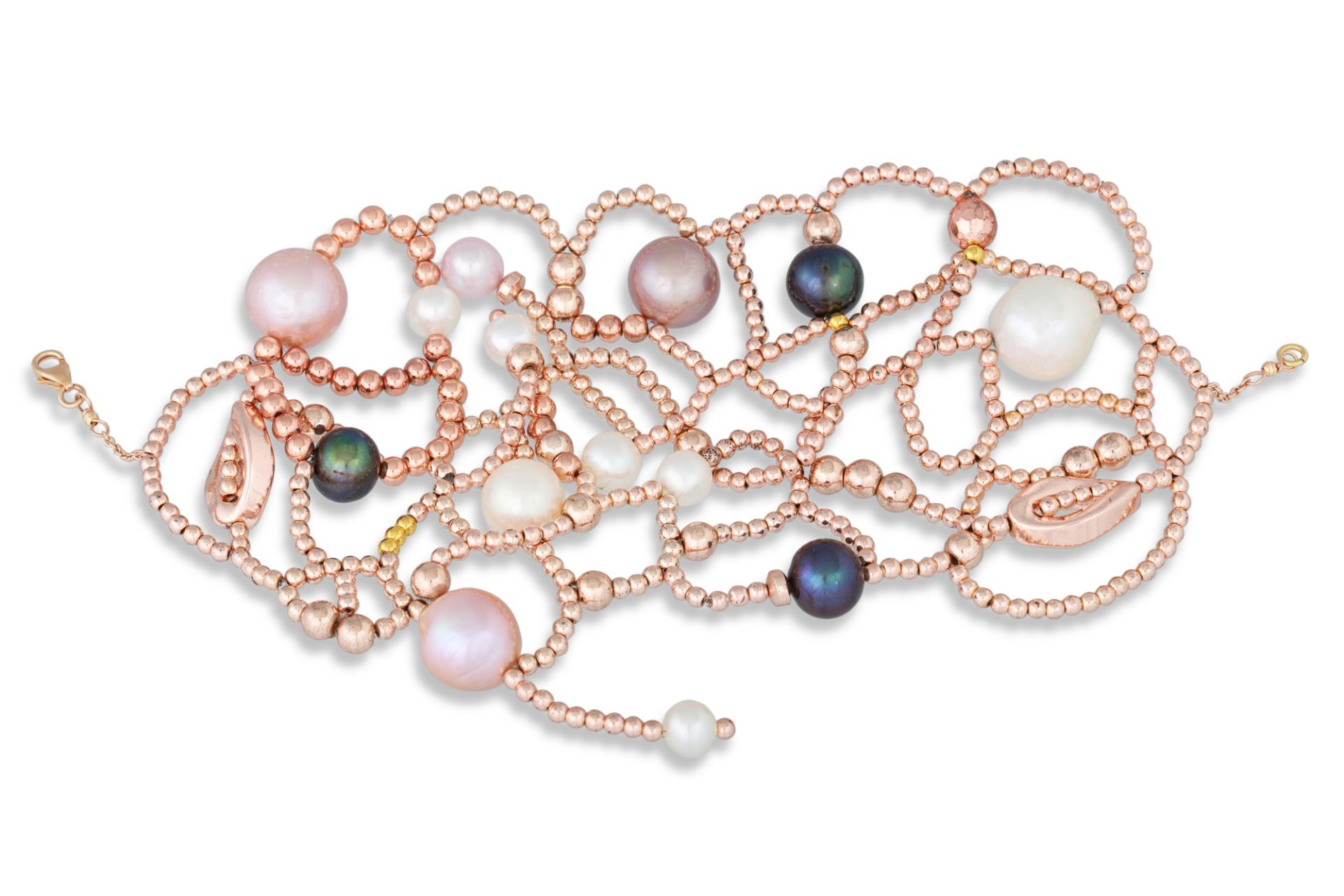 A PEARL BRACELET, laced beaded style to a gold clasp