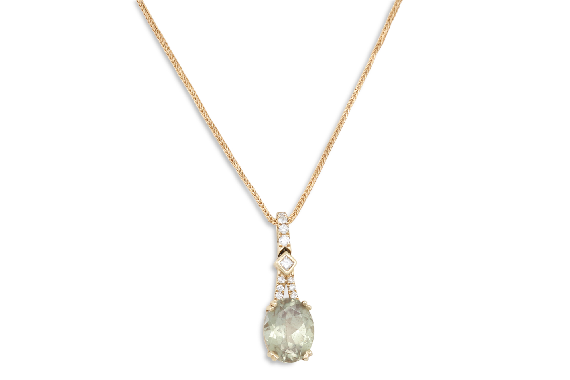 A DIAMOND AND GEM-SET PENDANT, mounted in gold, on an 18ct gold chain