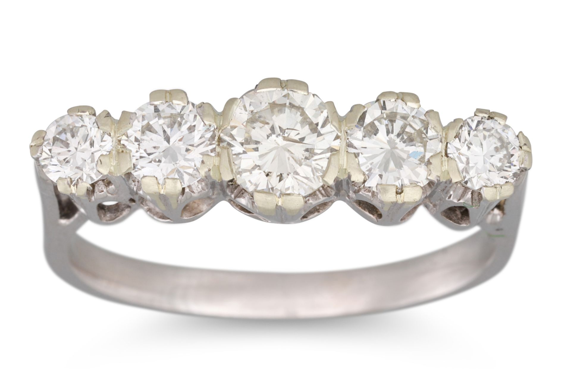 A DIAMOND FIVE STONE RING, the brilliant cut diamond mounted in 18ct white gold. Estimated: weight