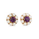 A PAIR OF VINTAGE PEARL AND AMETHYST CLUSTER EARRINGS, mounted in gold