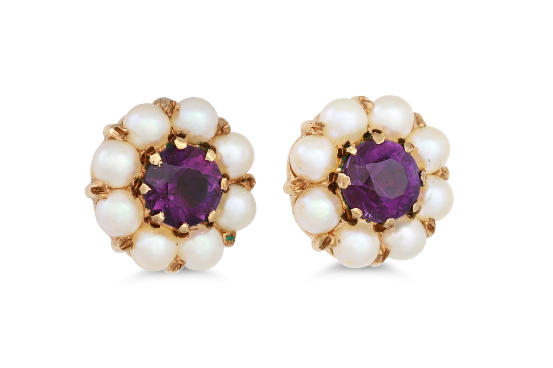 A PAIR OF VINTAGE PEARL AND AMETHYST CLUSTER EARRINGS, mounted in gold