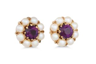 A PAIR OF VINTAGE PEARL AND AMETHYST CLUSTER EARRINGS, mounted in gold