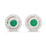 A PAIR OF DIAMOND AND EMERALD TARGET EARRINGS, mounted in 9ct gold