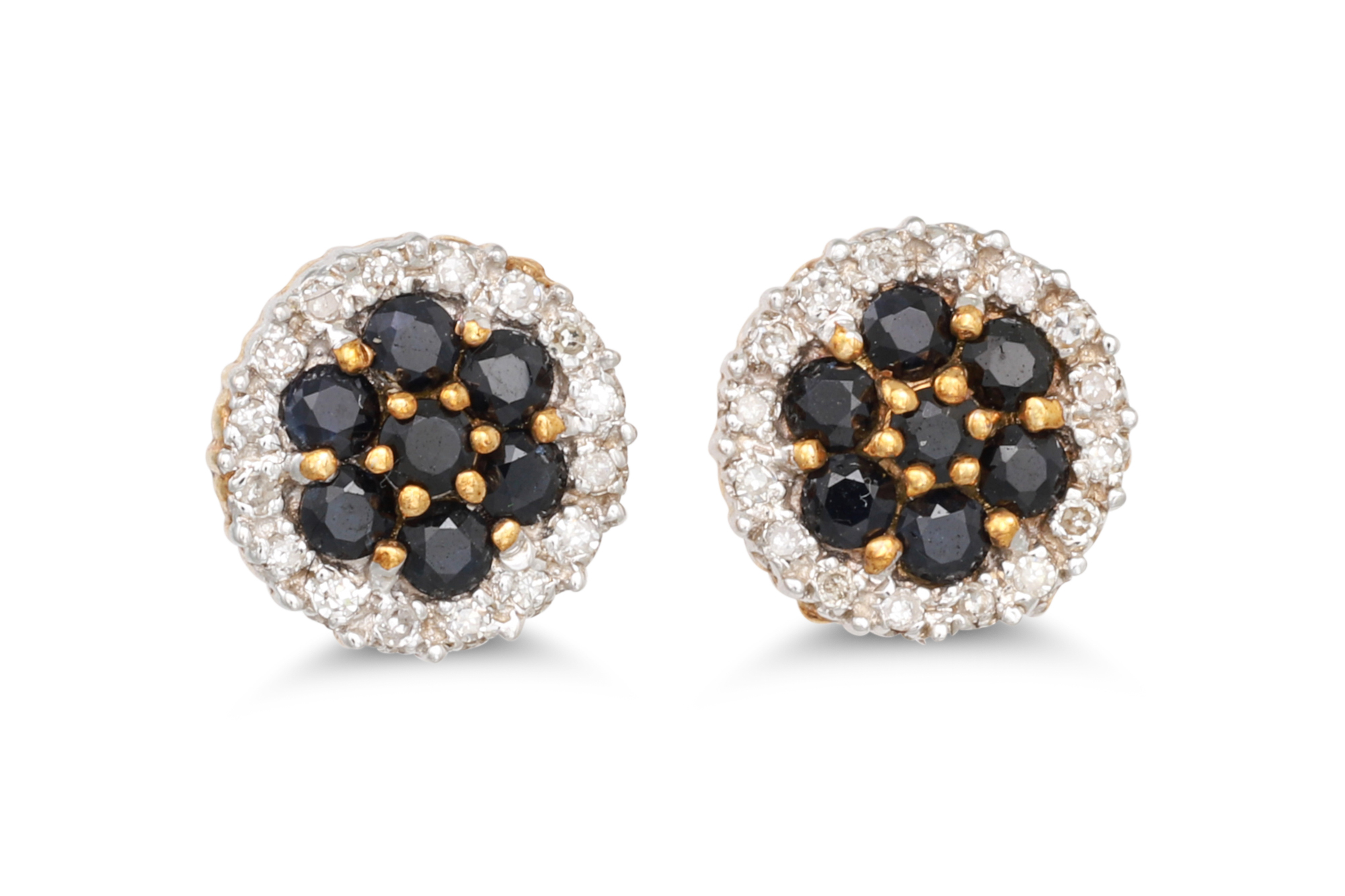 A PAIR OF DIAMOND AND SAPPHIRE CLUSTER EARRINGS, mounted in gold