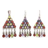 A SUITE OF SILVER MULTI GEM SET EARRINGS, and pendant