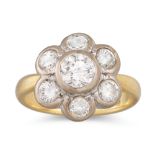 A DIAMOND CLUSTER RING, the brilliant cut diamonds set daisy form, mounted in 18ct yellow gold.