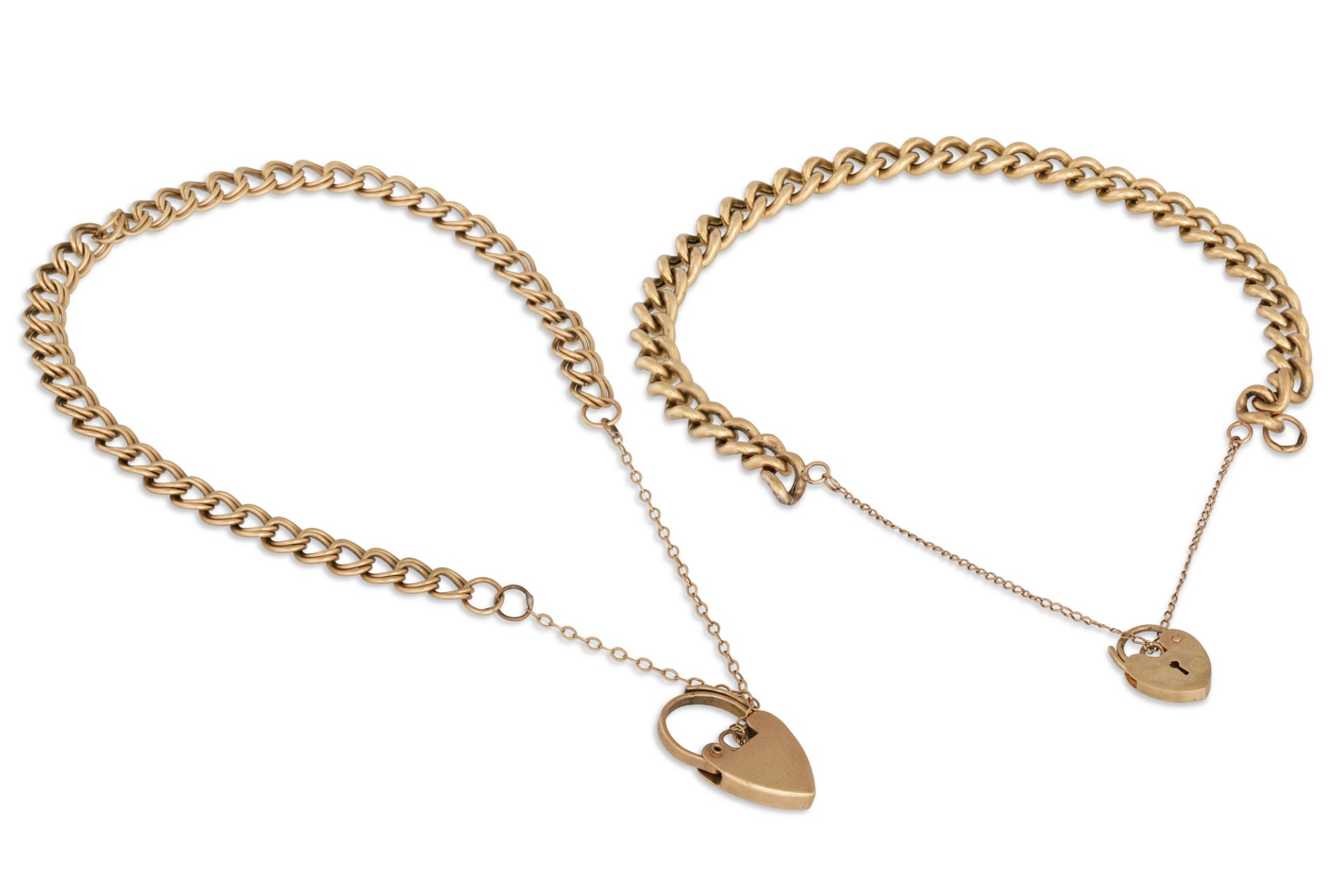 TWO 9CT GOLD CURB LINK BRACELETS, each with a padlock clasp, 15.8 g.