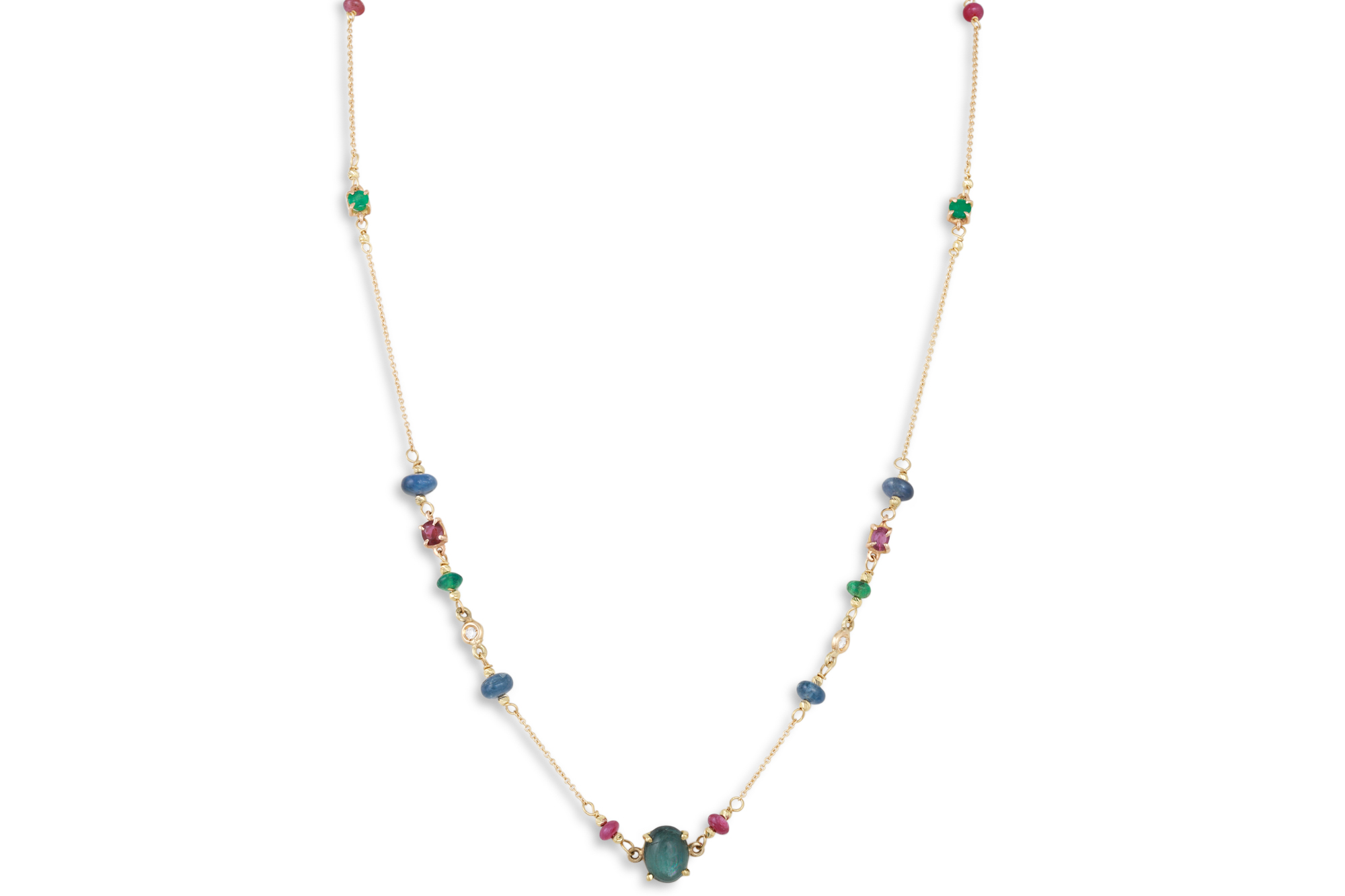 A RUBY, EMERALD AND SAPPHIRE NECKLACE, the 18ct chain set with beaded and faceted gemstones to a