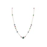 A RUBY, EMERALD AND SAPPHIRE NECKLACE, the 18ct chain set with beaded and faceted gemstones to a