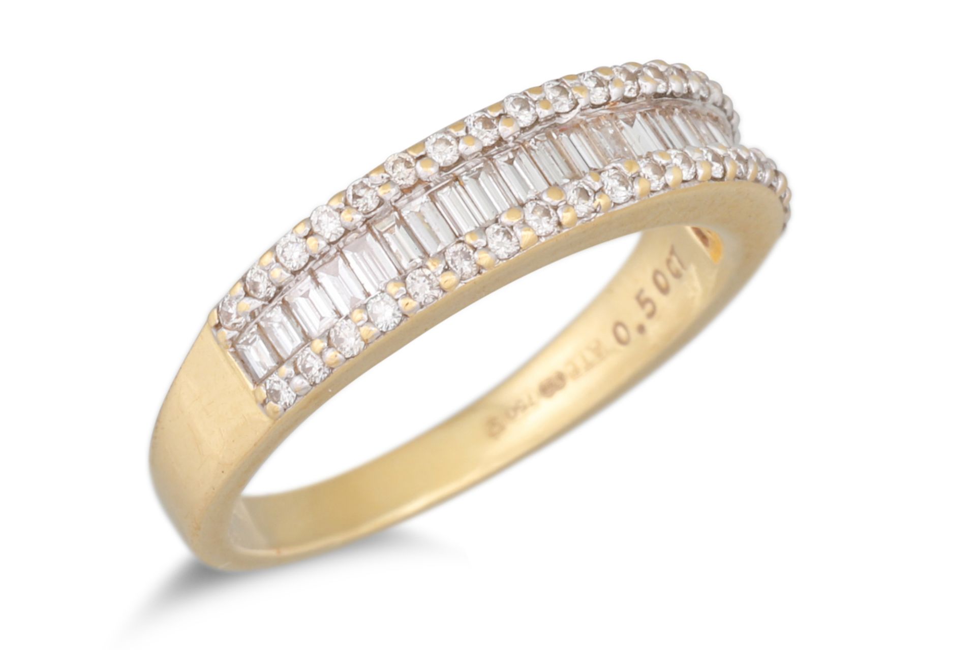 A DIAMOND TRIPLE ROW RING, mounted in 18ct yellow gold. Estimated: weight of diamonds: 0.50 ct. size - Image 2 of 2