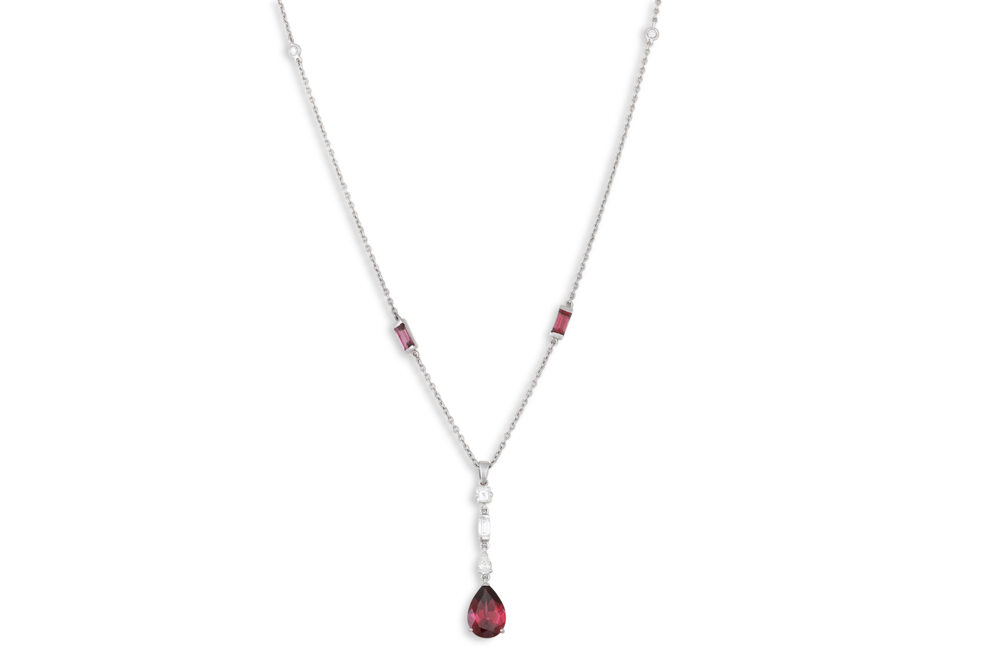 A TOURMALINE AND DIAMOND PENDANT, comprising a pear shaped tourmaline drop suspending from a diamond