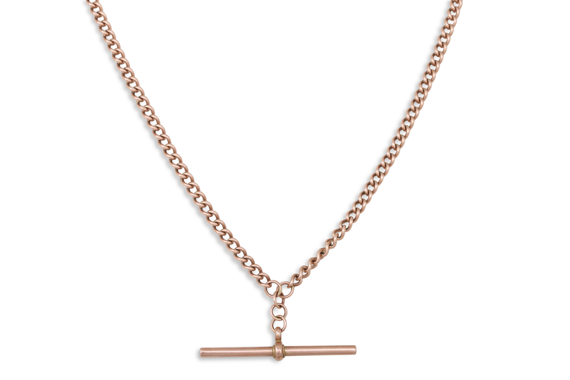 A 9CT ROSE GOLD CURB LINK DOUBLE ALBERT & T-BAR, 20 g.